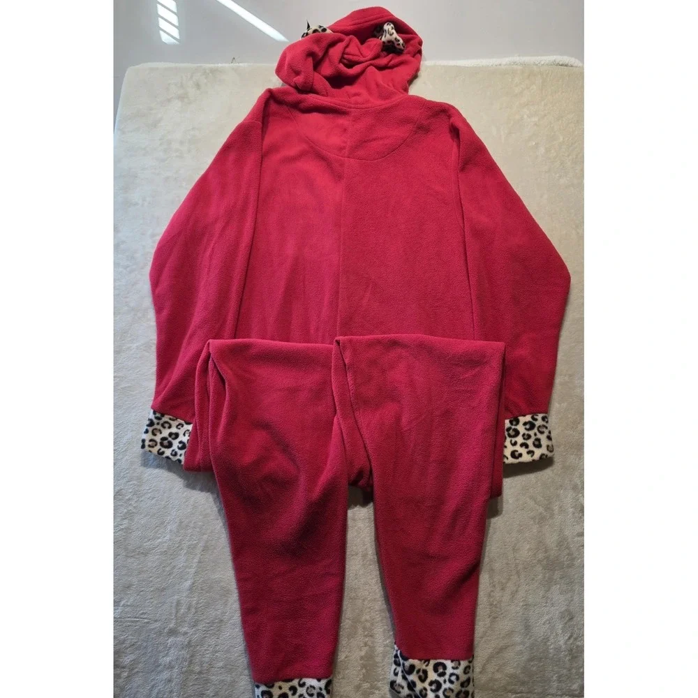Disney Adult Minnie Mouse Red & Leopard Fleece 1 Pc Jumpsuit Pajamas Hood Size M - Picture 2 of 10